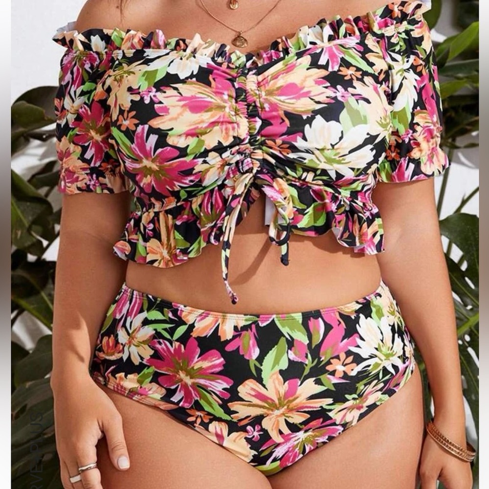 Women plus floral cropped off shoulder drawstring front ruffle trim bikini swim